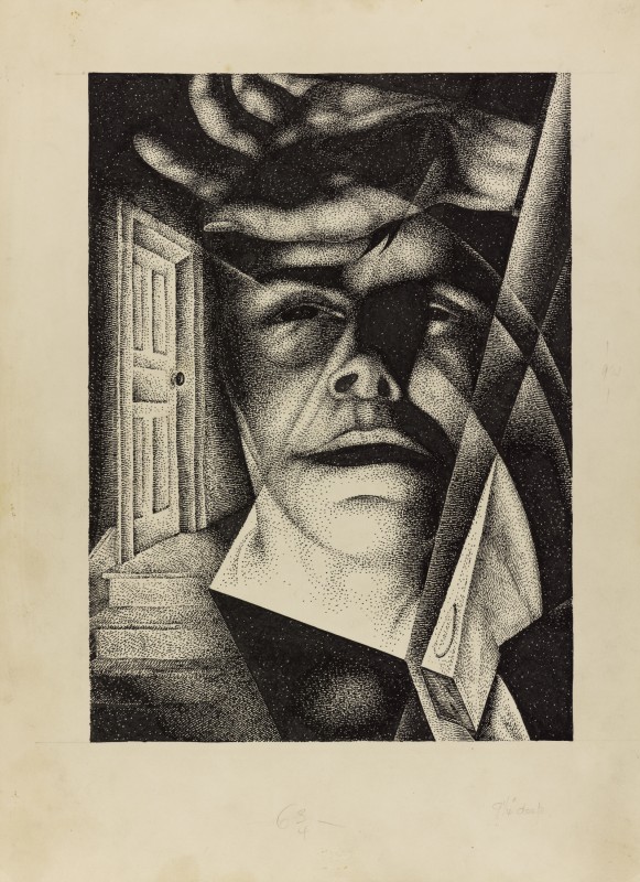 A black and white image of a man's face. The figure stares off into the distance, and his hand rests atop his forehead. To the figure's left is a door and stairs leading up to it. The composition is divided with varying prismatic lines.