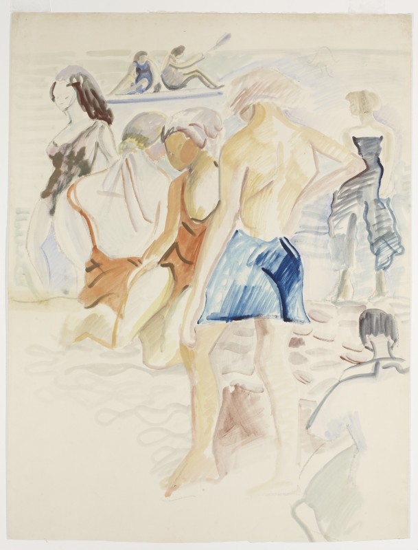 A light, muted scene depicting a number of faceless figures dressed in bathing suits on the beach. 