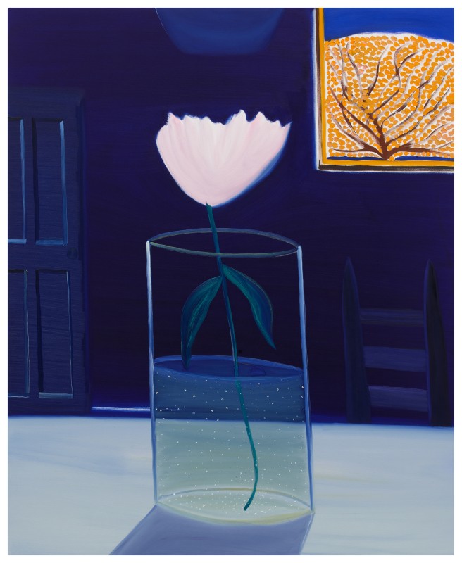 Pale pink flower sitting in a glass vase that is filled halfway with water. Set against a deep blue backdrop. A window on the upper right reveals an orange tree outside.