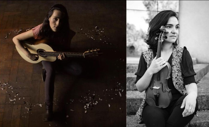 composite image of artists Karla Garcia holding a guitar and Jeimmi Carrasco holding her violin