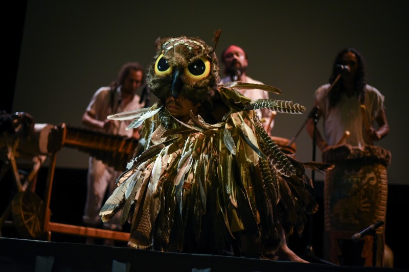 Image of Tocani performing, person in centre is wearing an owl costume, covering most of their body and face. 