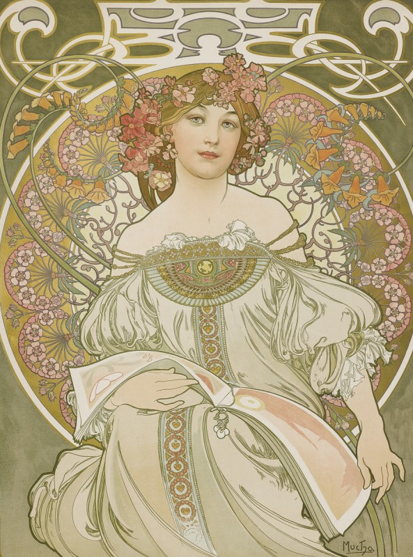 Female figure on ornate floral patterned backdrop