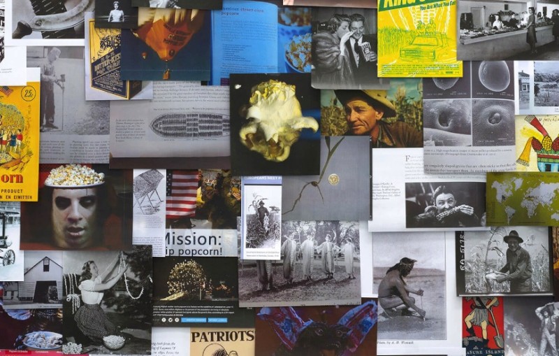 image of a collage of popcorn and related activities, including farming, movies, magazine clippings