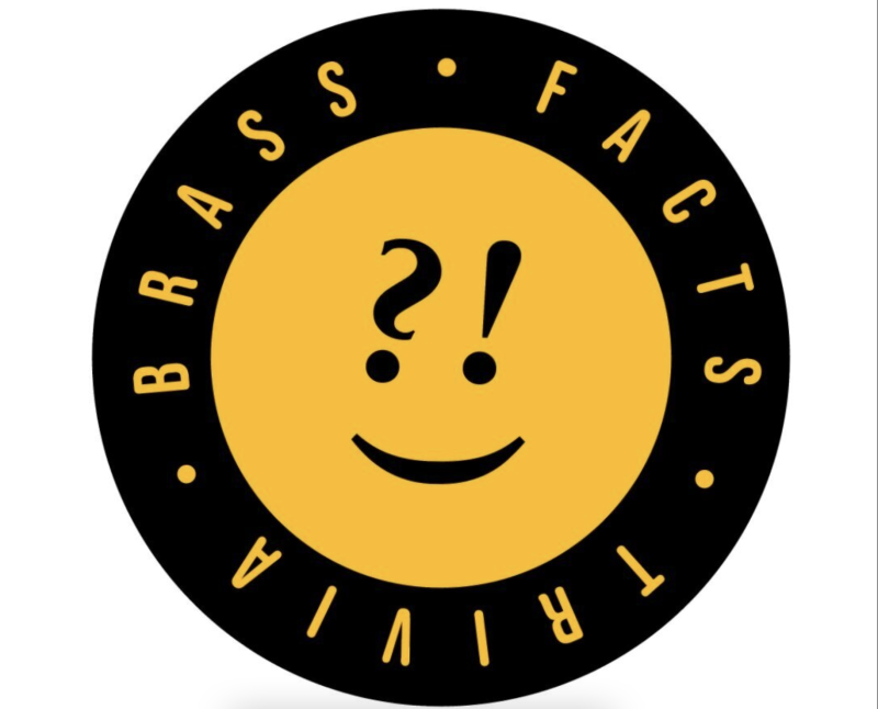 Logo for Brass Facts Trivia, showing a smiling face using different punctuation to make the face shape. 