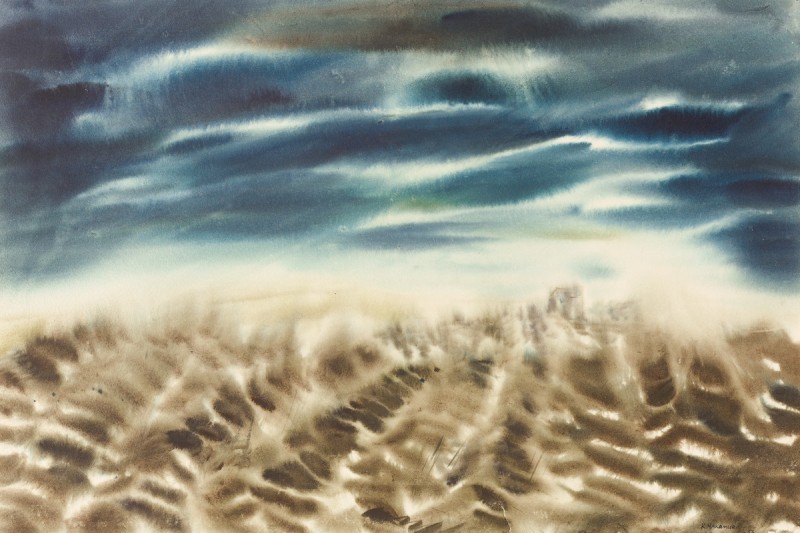 Watercolour painting of blue and beige waves, appearing like water lapping on sand