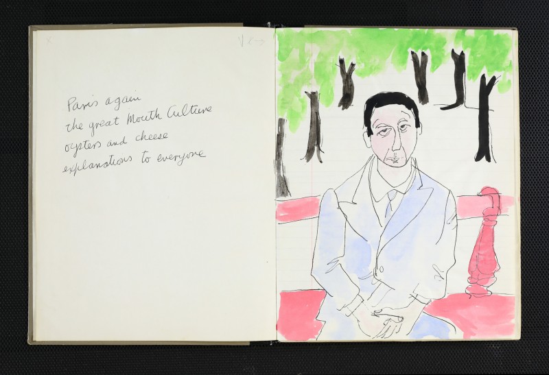 Notebook with notes on the left and a portrait of a man on the right
