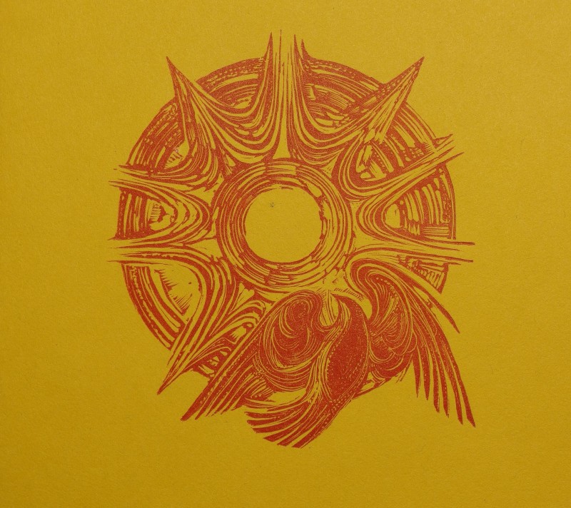 A detailed drawing in orange of a circular form and sun with a bird on the bottom right on a mustard yellow background.  