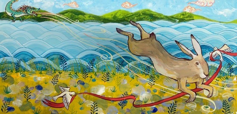 Illustration of rabbit hopping against a water and sand background