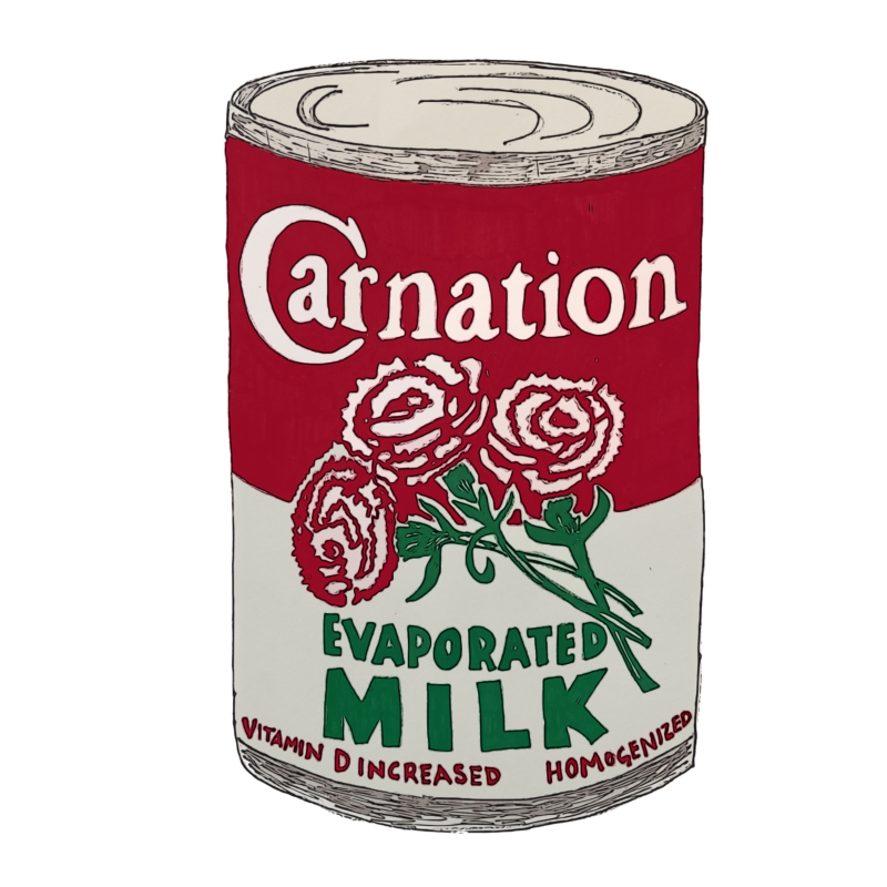 A can that has the words "Carnation, evaporated milk" on top