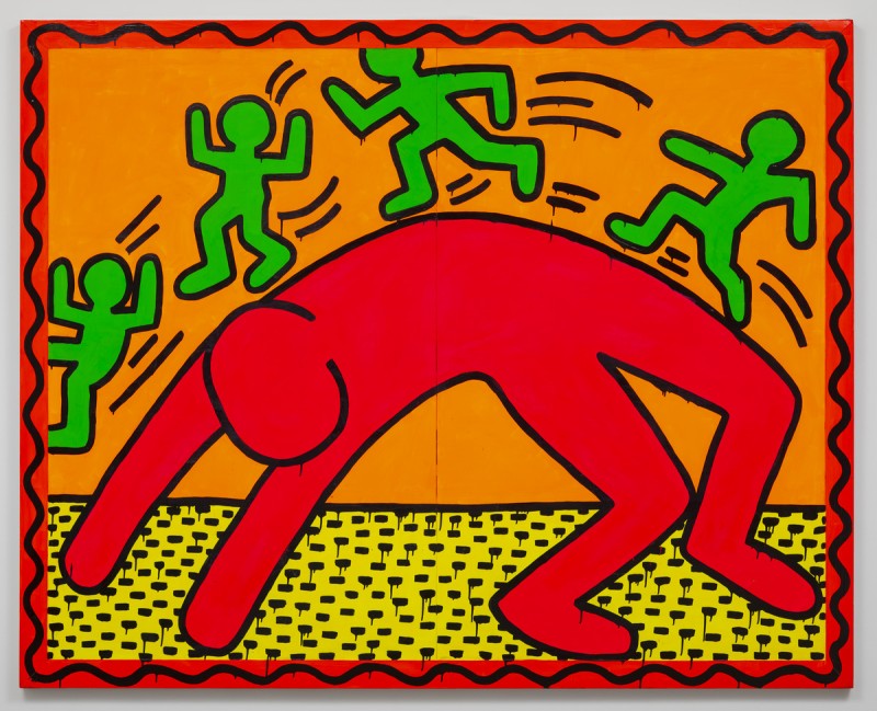 Pop art imagery of a red figure bending over backwards and four smaller green figures running over its body.