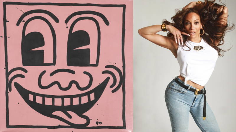 On the left is Keith Haring's artwork "Untitled" from 1981, which shows a black outlined smiling cartoon face on a pink background. On the right is a photo of Lina Bradford in a white t-shirt and blue jeans, posing and looking straight at the viewer. 
