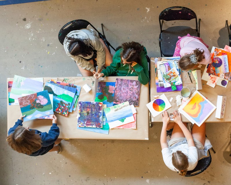 kids making art from above during AGO art class/camp