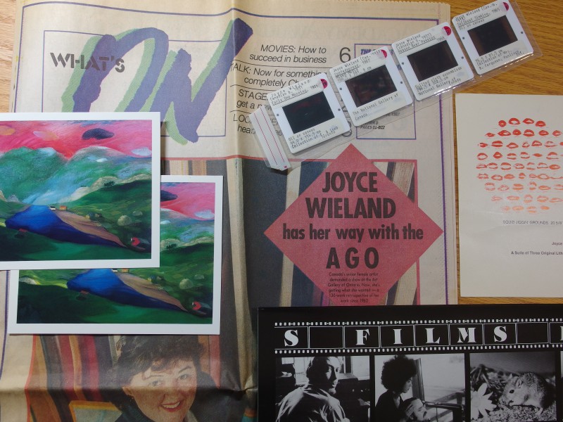 assortment of ephemera related to Joyce Wieland including sides, exhibition invitations, and newpaper articles
