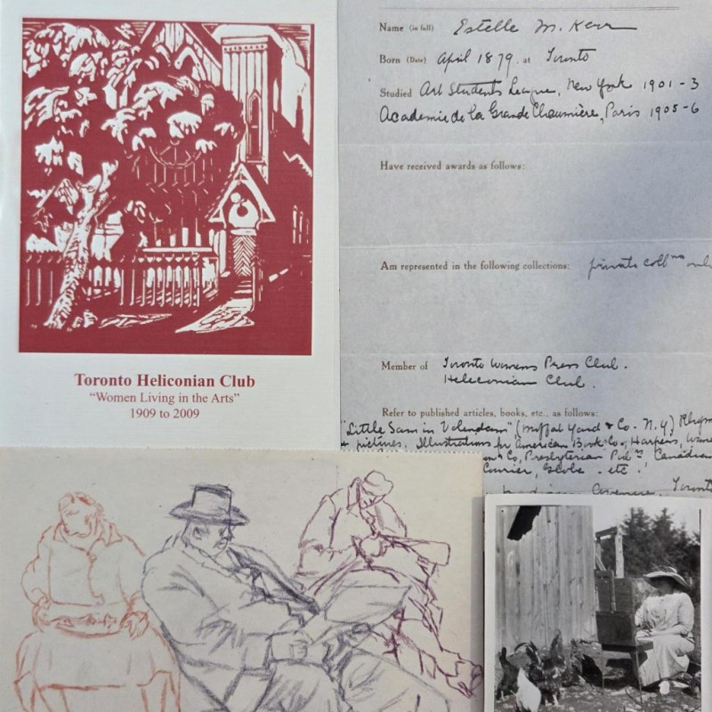 a photo of 4 images from the Heliconian artist file featuring drawings, photgraphs, and handwritten notes. 