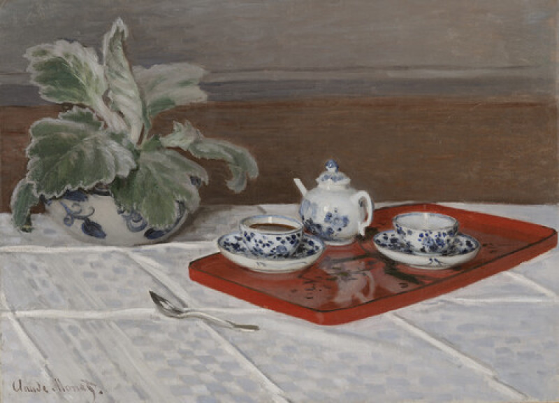 Impressionist style painting of tea being served on a red tray