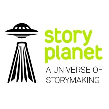 Logo for Story Planet. Space ship with green text reading Story Planet and below in black text, A Universe of Storymaking