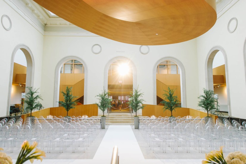 chairs set for wedding ceremony in Walker Court