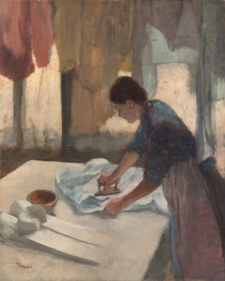 a painting of a woman ironing