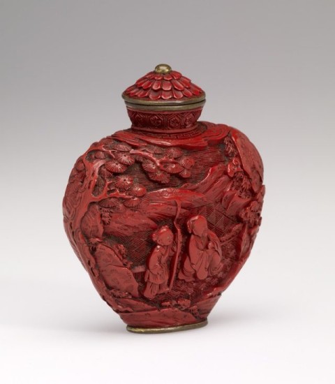 Snuff Bottle, with carved landscape with sage and attendant