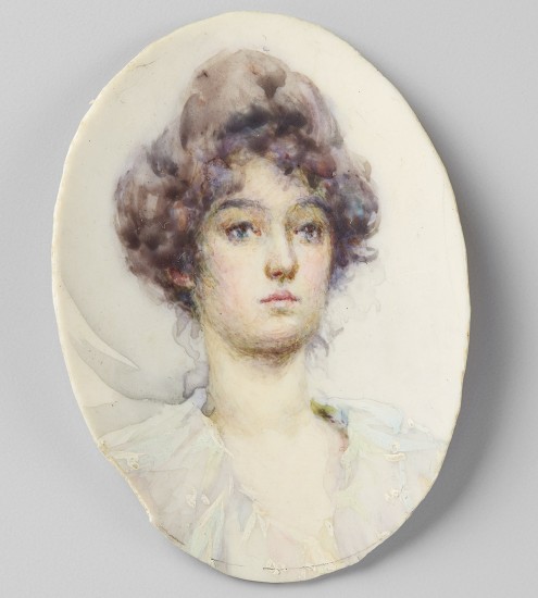 watercolour, Young Woman with Dark Curly Upswept Hair