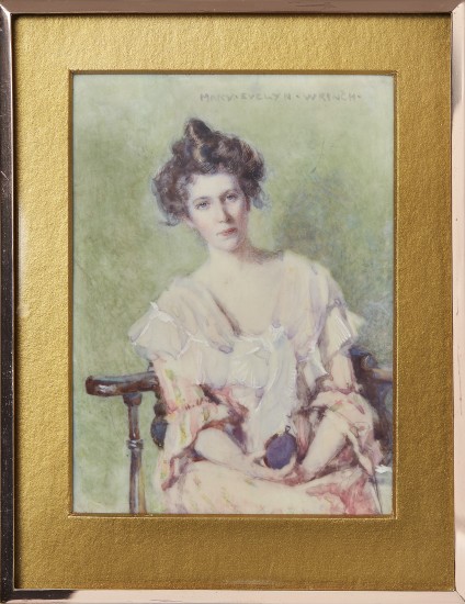 Mary E. Wrinch, portrait of a woman holding a flask, watercolour