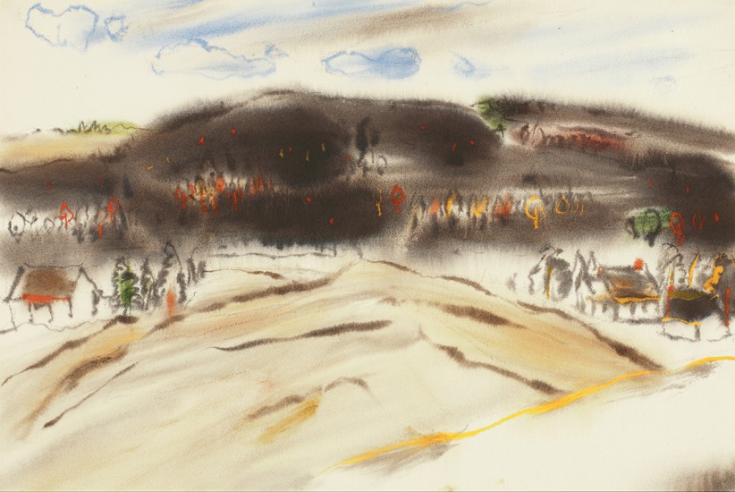 charcoal and watercolour of wooded hills by David Brown Milne