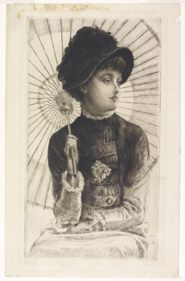 etching by James Tissot of woman holding a parasol