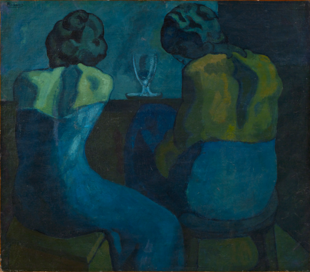 Two women sitting at a bar on bar stools with their backs to the viewer, hunched over, with dark hair. A wine glass appears on a bar in front of them, and the painting is rendered in cool, blue tones.