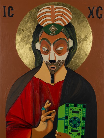 Painting of figure with African mask with gold halo, on light brown background.
