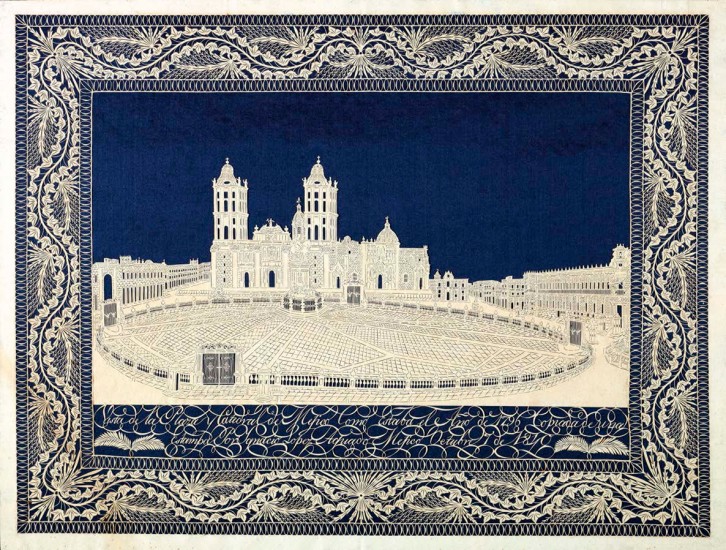 Ignacio López Aguado. View of the Plaza and Cathedral of Mexico as it was the Year of 1796 (after José Joaquín Fabregat, Vista de la Plaza de México, 1797), 1810. Paper and dark blue sateen mounted on wood and glass.