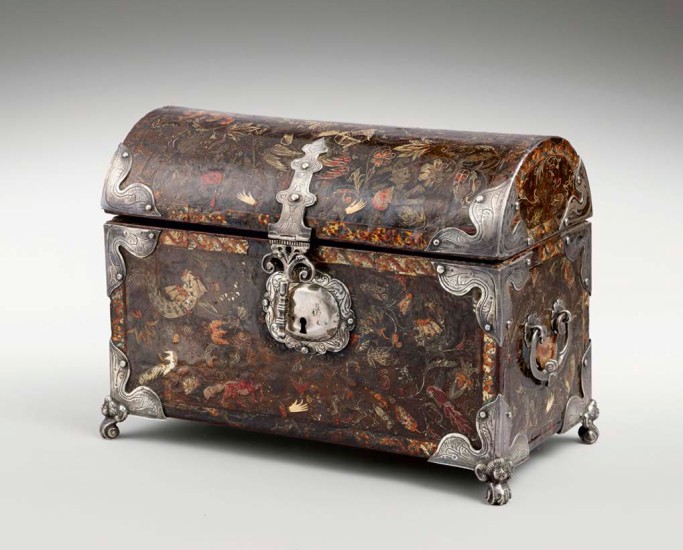 Unknown. Coffer, ca. 1650. Barniz de pasto lacquer on wood with silver and gold leaf and silver mounts.