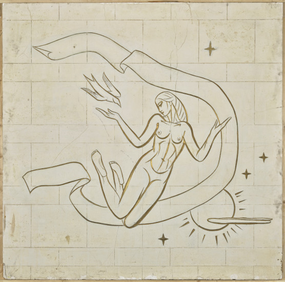 Elizabeth Wyn Wood, Sending, c. 1957-61. Plaster, paint, Overall: 158.3 × 153.6 × 2 cm.