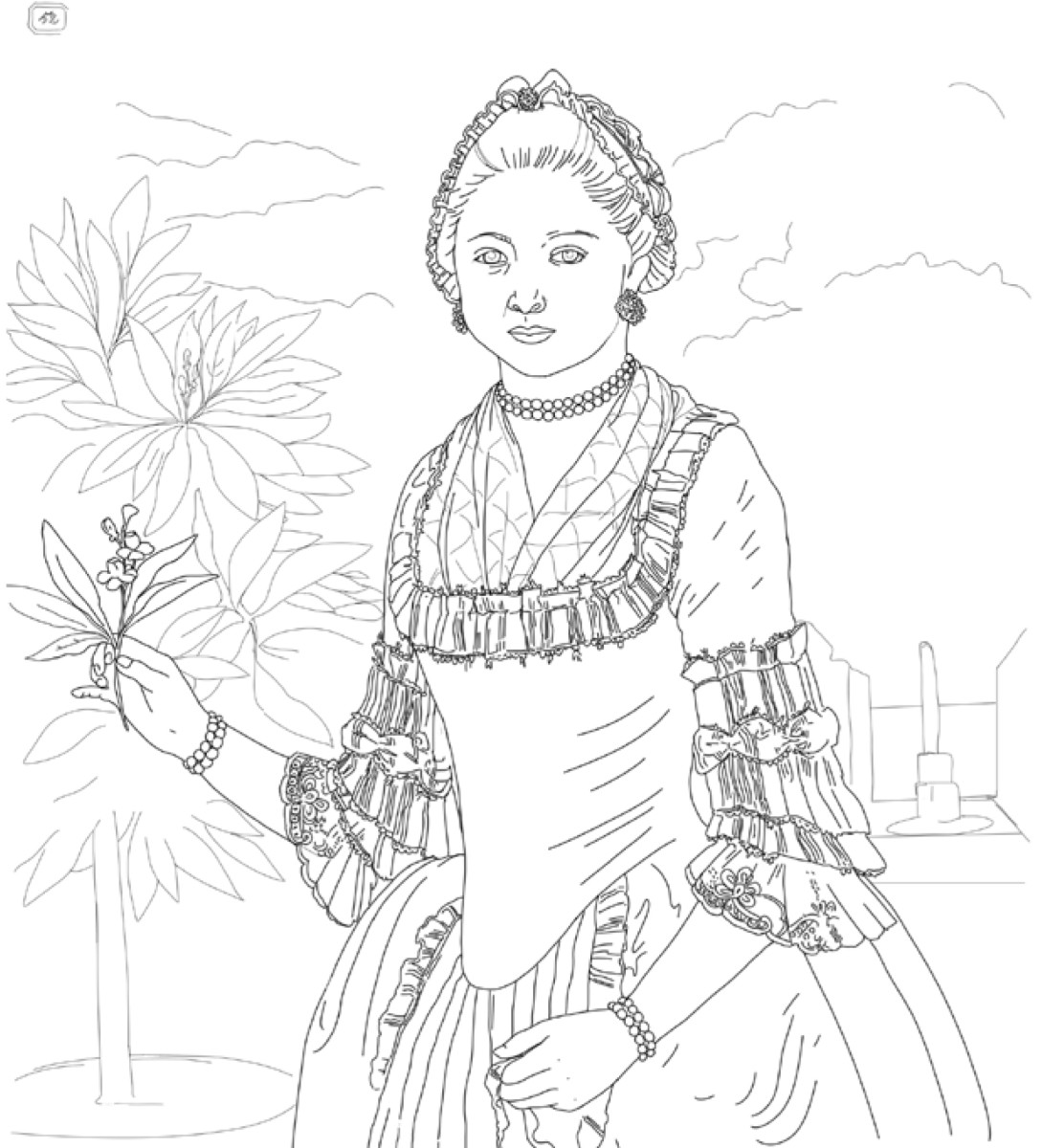 line drawing of Portrait of a Lady Holding an Orange Blossom