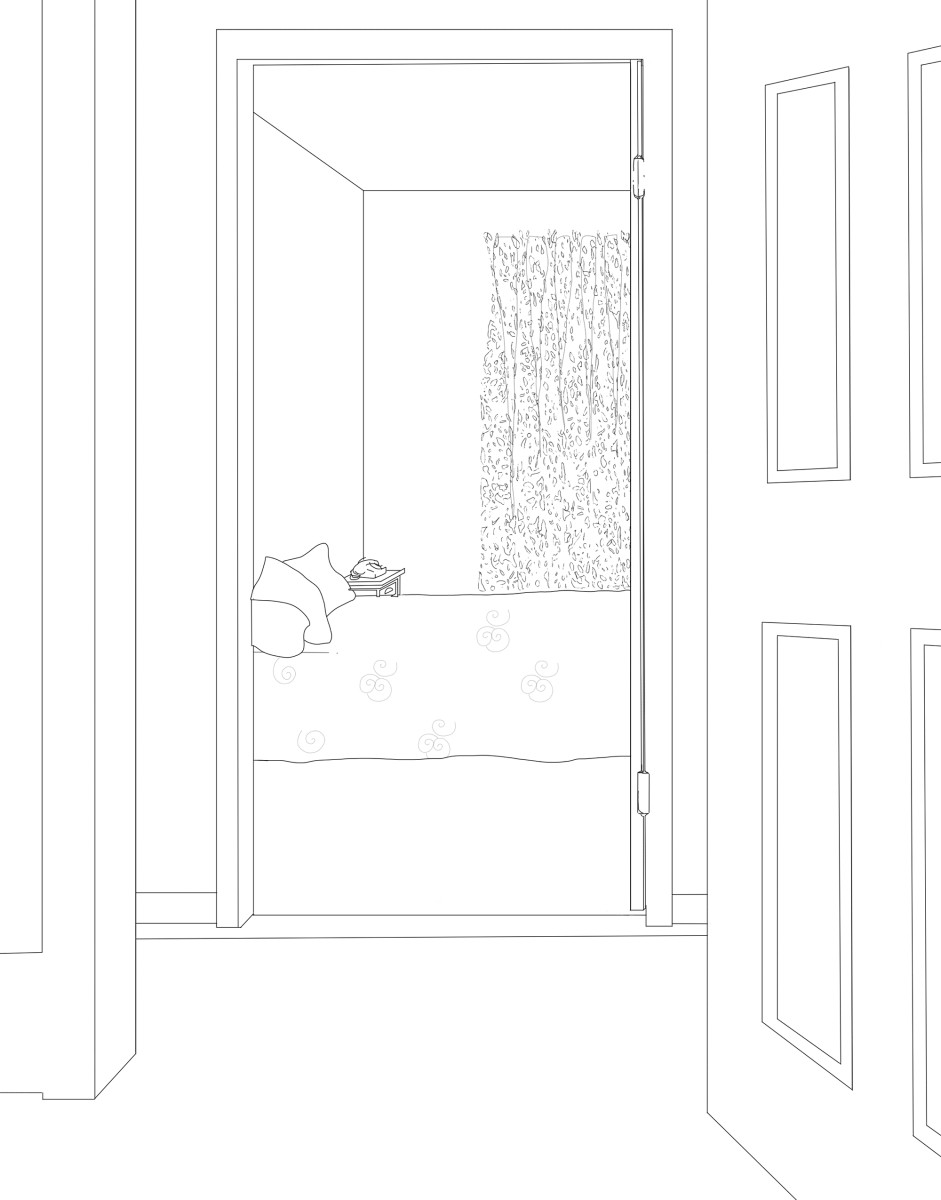 line drawing of Blue Bedroom (or “Bedroom”) by Kim Ondaatje